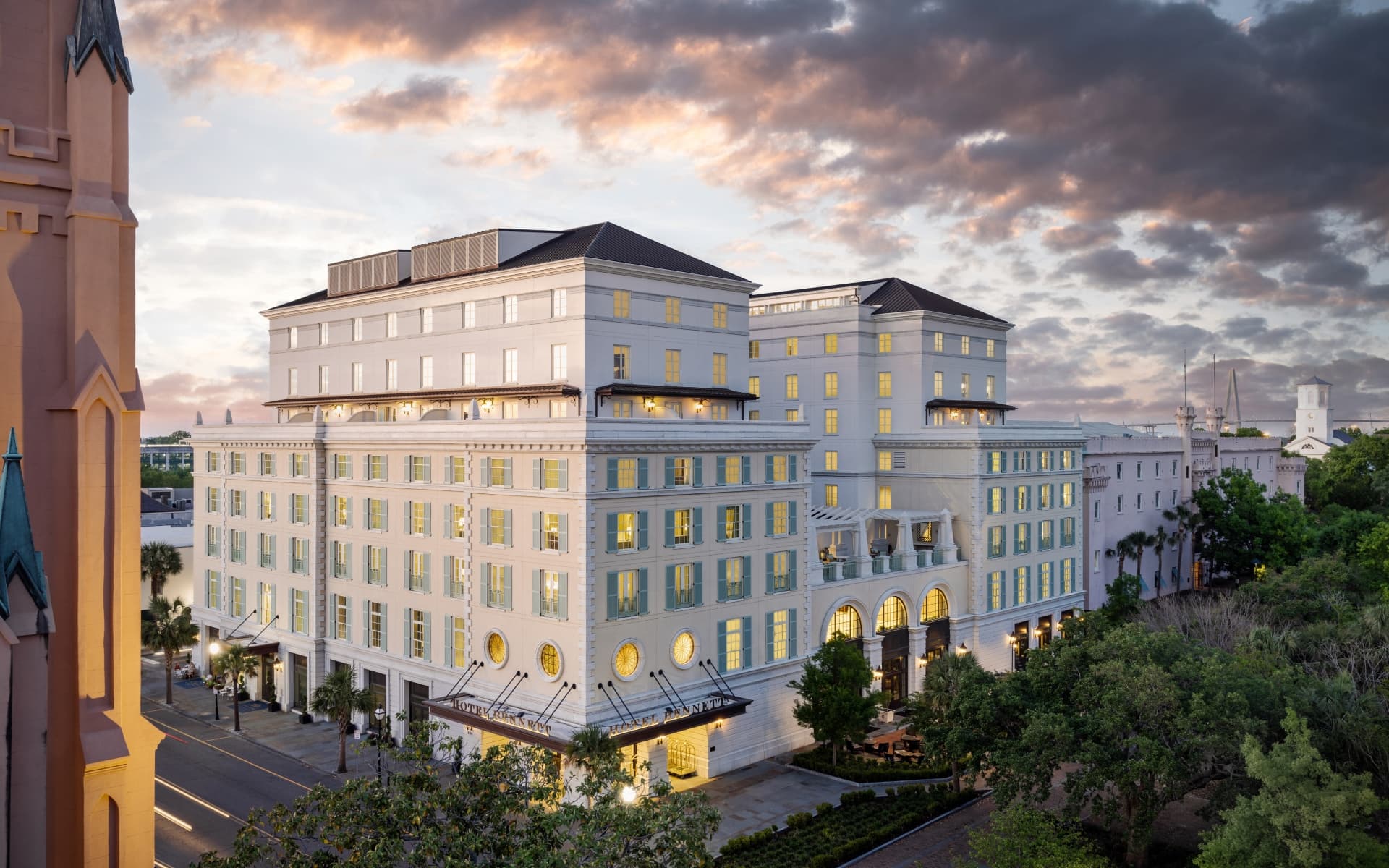 Hotel Bennett exterior at twilight on Marion Square